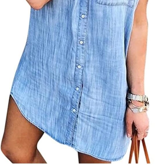 MED | Zilcremo Women Summer | Short Sleeve Button Down| Denim Shirt Dress - Picture 2 of 6